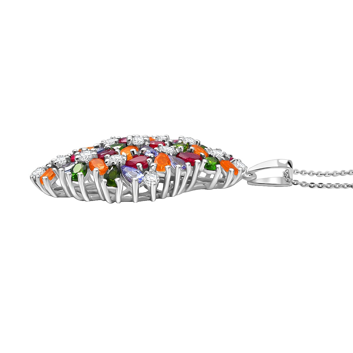 Tanzanite, Fire Opal and Multi-Gemstones Floral Cluster Pendant with Chain (Size 20) in Rhodium Overlay Sterling Silver 2.37 Ct. 4388192 4
