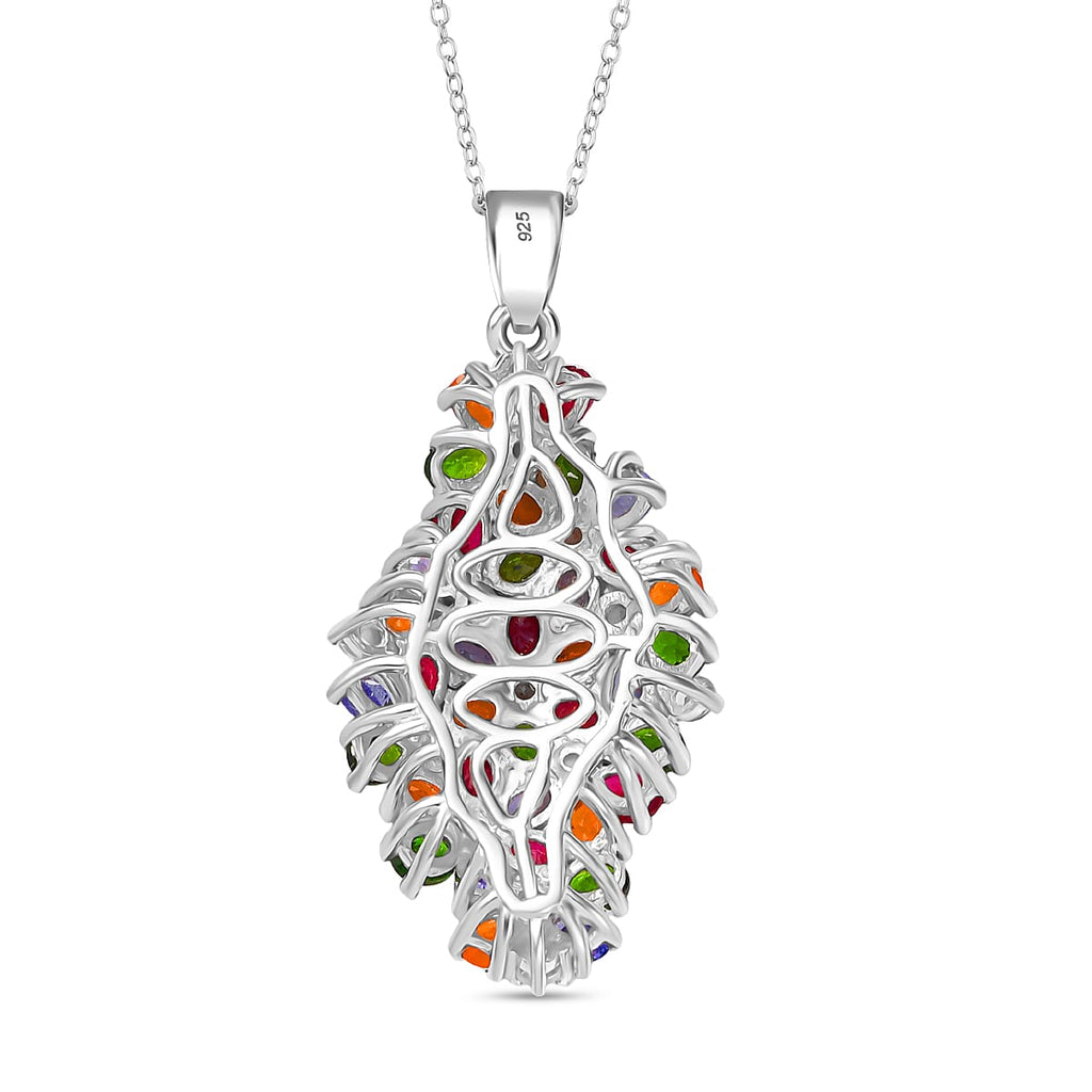 Tanzanite, Fire Opal & Multi Gemstones Pendant with Chain (Size 20) in Rhodium Overlay Sterling Silver 7.96 Ct, Silver wt. 6.80 Gms.