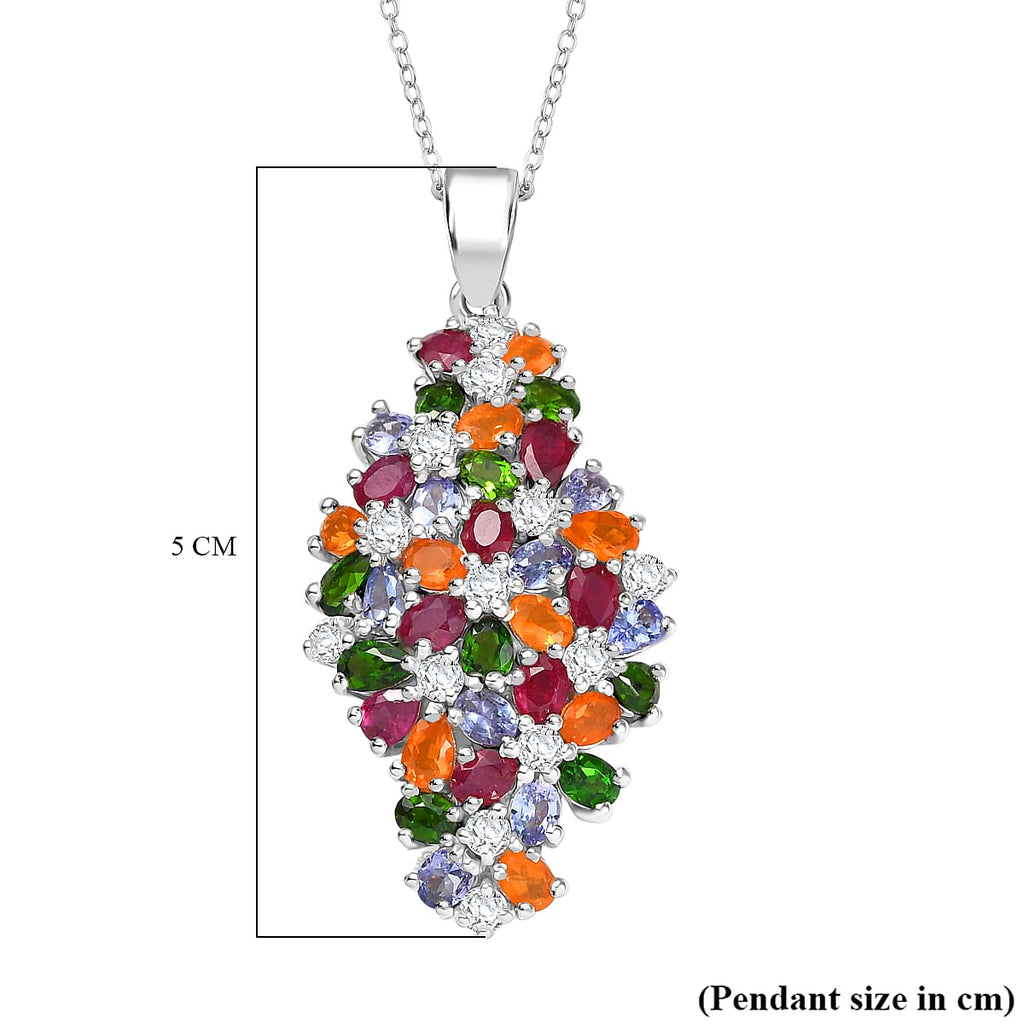 Tanzanite, Fire Opal & Multi Gemstones Pendant with Chain (Size 20) in Rhodium Overlay Sterling Silver 7.96 Ct, Silver wt. 6.80 Gms.