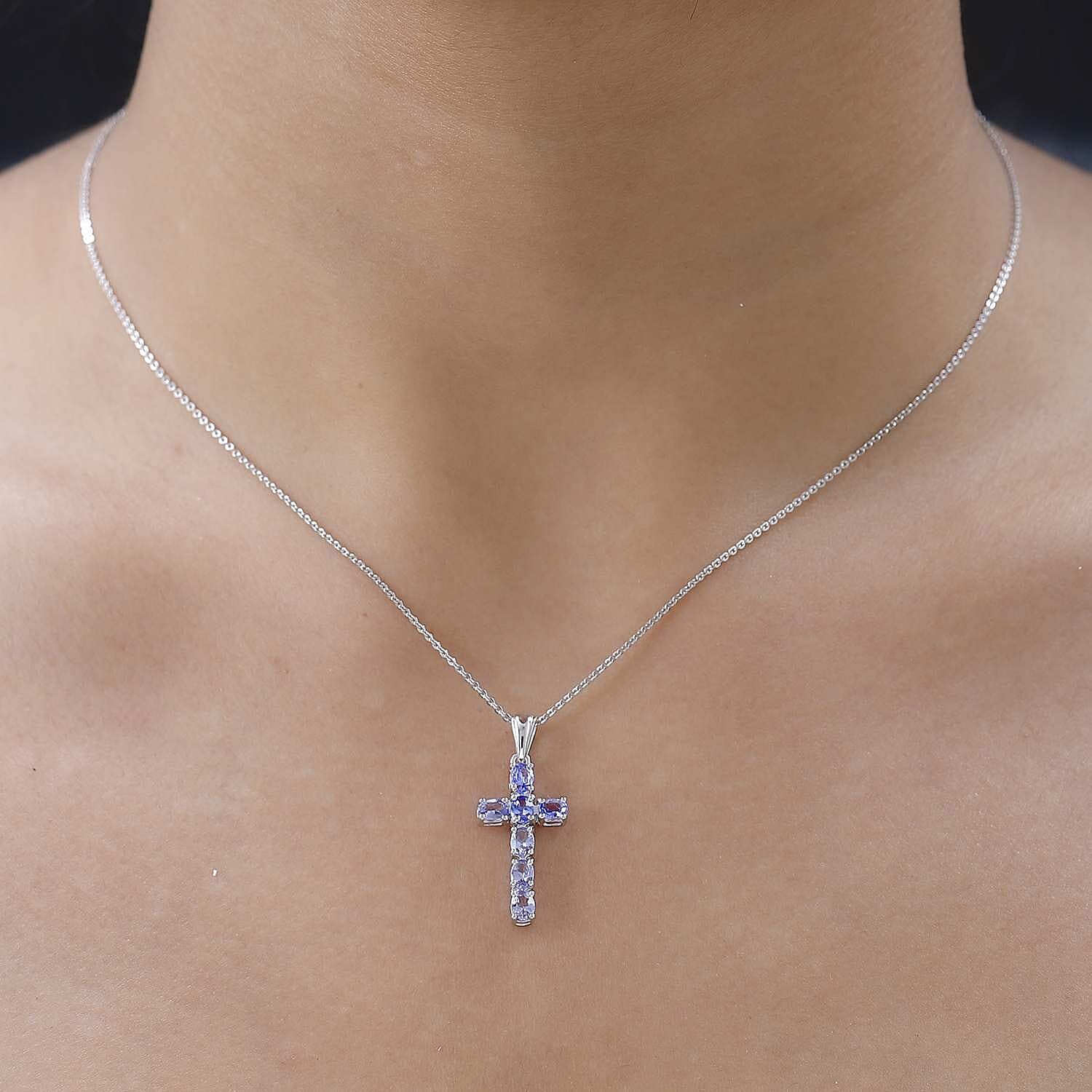 Tanzanite Cross Pendant with Chain (Size 20 Inch) in Platinum Overlay Sterling Silver 4202891 4