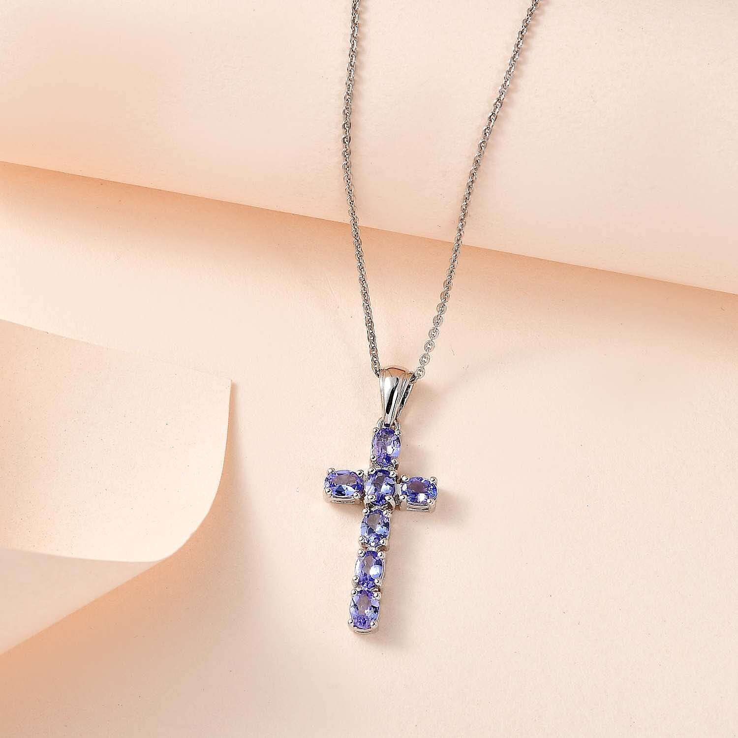 Tanzanite Cross Pendant with Chain (Size 20 Inch) in Platinum Overlay Sterling Silver 4202891 6
