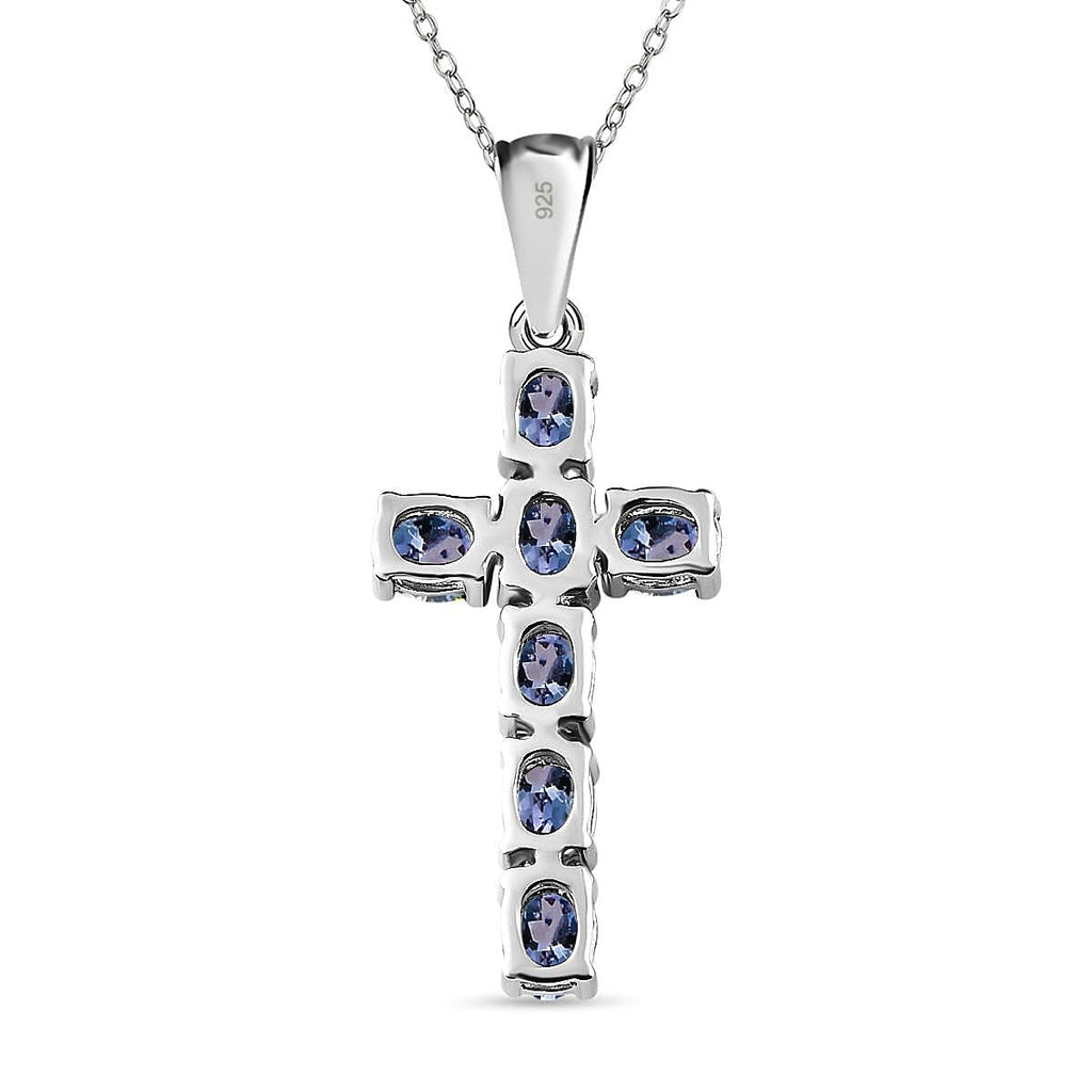 Tanzanite Cross Pendant with Chain (Size 20) in Platinum Overlay Sterling Silver 1.30 Ct.
