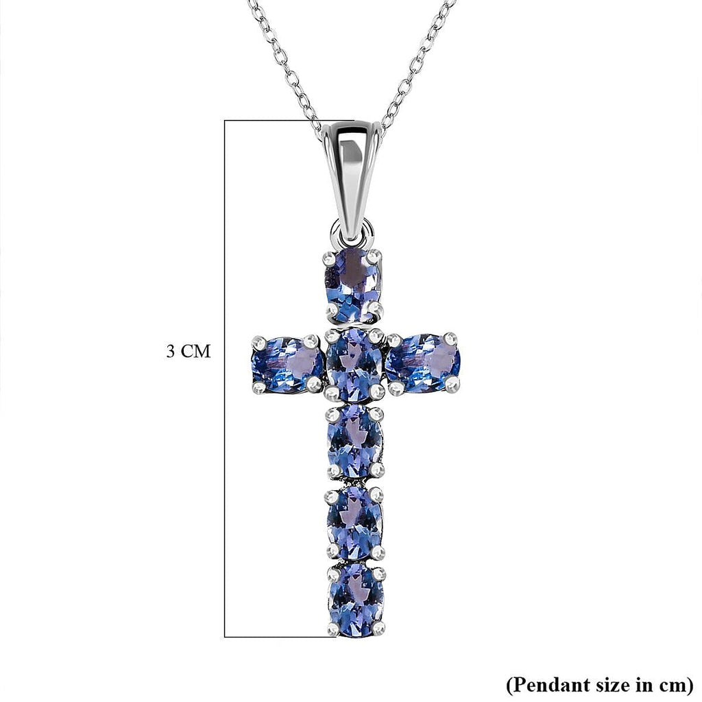 Tanzanite Cross Pendant with Chain (Size 20) in Platinum Overlay Sterling Silver 1.30 Ct.