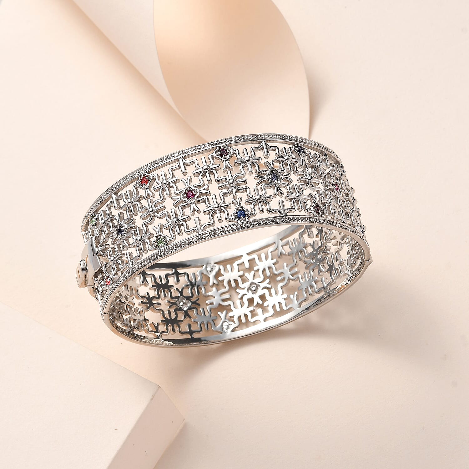 Tanzanite Crystal and Multi Gemstones Bangle (Size 7.5) in Platinum Overlay Silver Tone 7256964 2