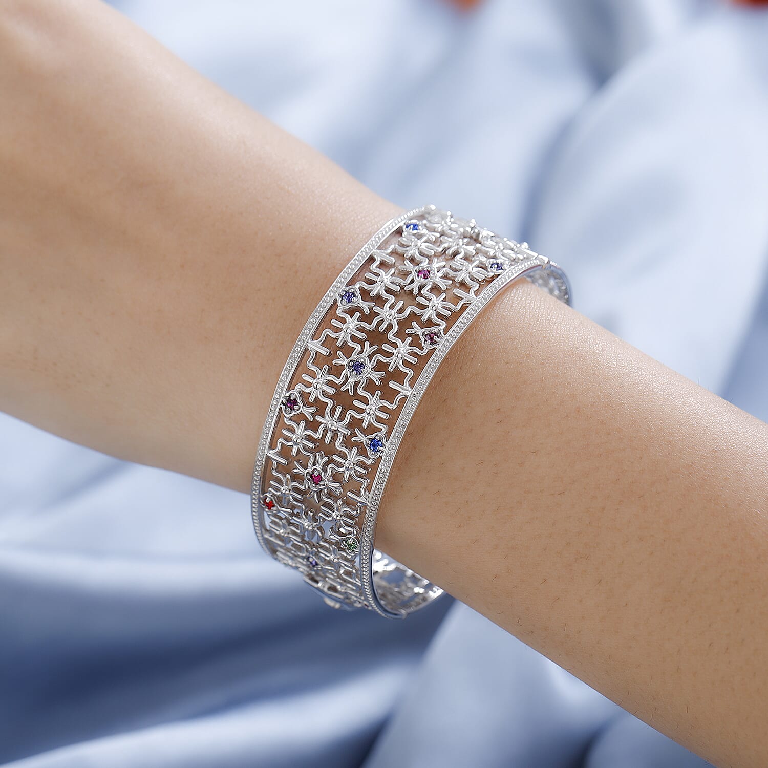 Tanzanite Crystal and Multi Gemstones Bangle (Size 7.5) in Platinum Overlay Silver Tone 7256964 3