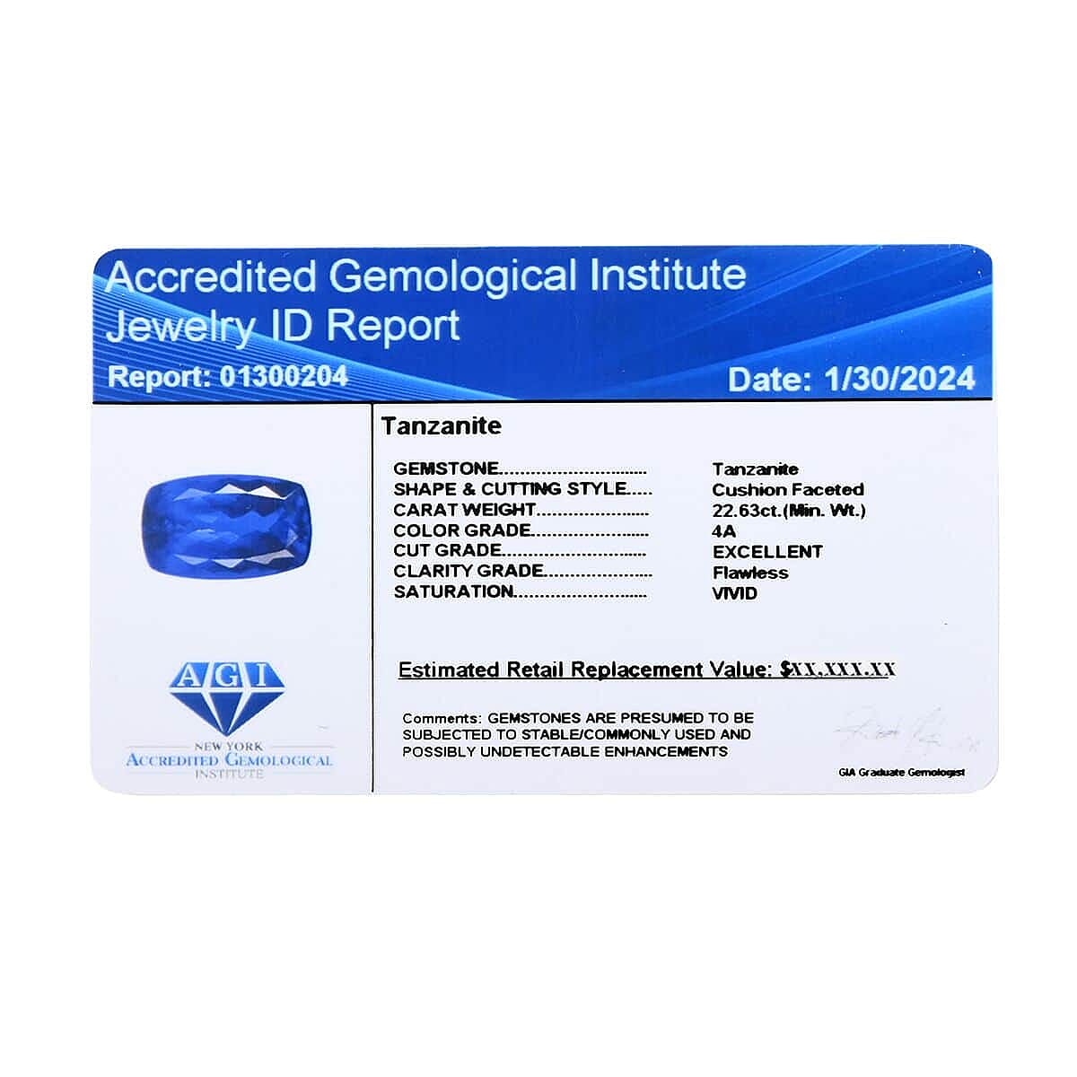 Chairman Vault Collection - Certified and Appraised AAAA Tanzanite Loose Gemstone (Cush Shape) 22.63 ct. 7725532 8