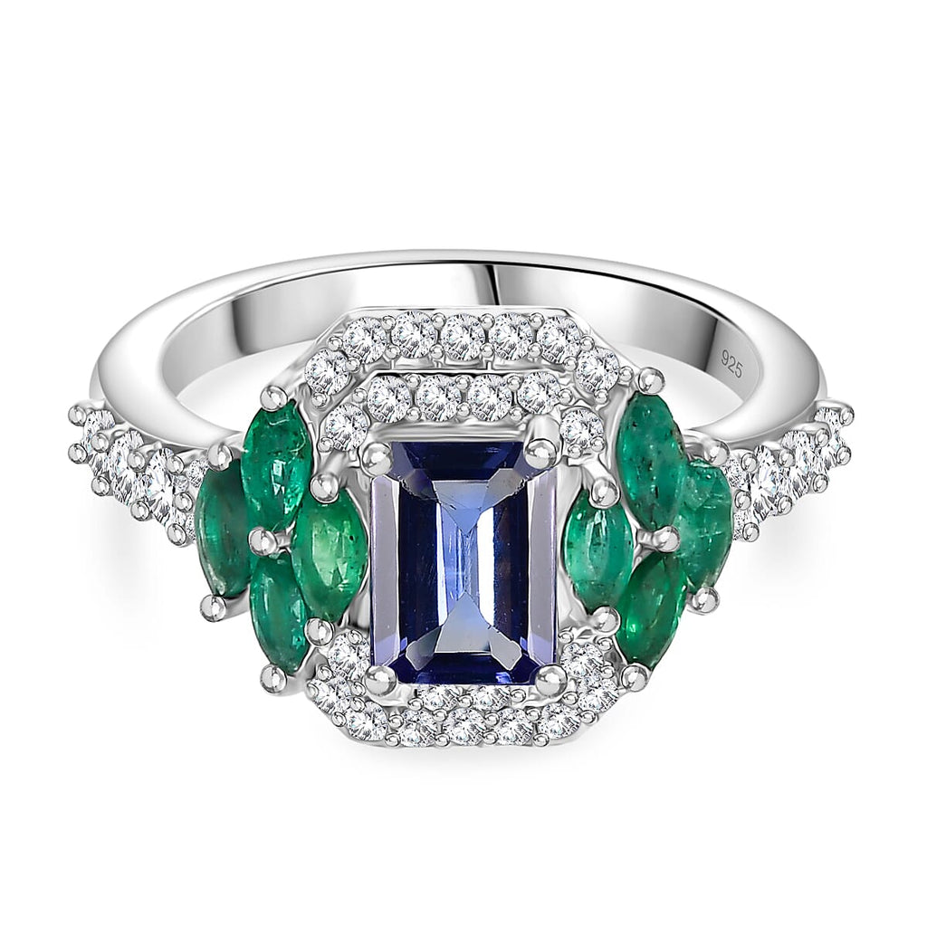 Tanzanite, Emerald & Moissanite Solitaire Ring in Rhodium Overlay Sterling Silver 2.06 Ct.