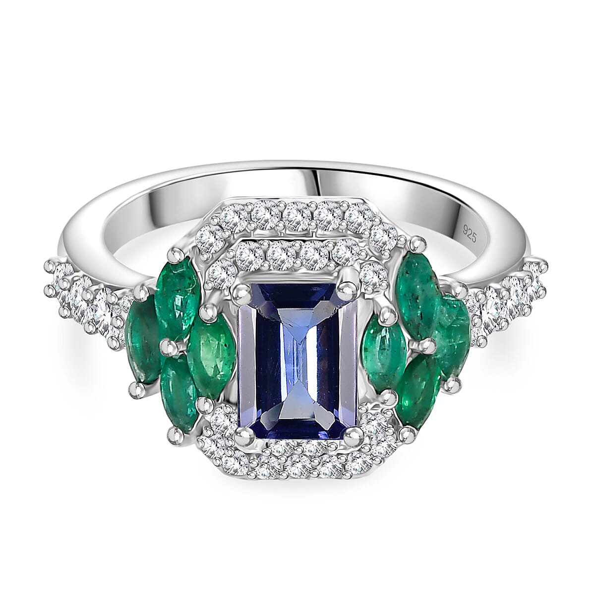 Tanzanite, Emerald &amp; Moissanite Solitaire Ring in Rhodium Overlay Sterling Silver 2.06 Ct. 8066785 0