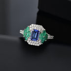 Tanzanite, Emerald & Moissanite Solitaire Ring in Rhodium Overlay Sterling Silver 2.06 Ct.