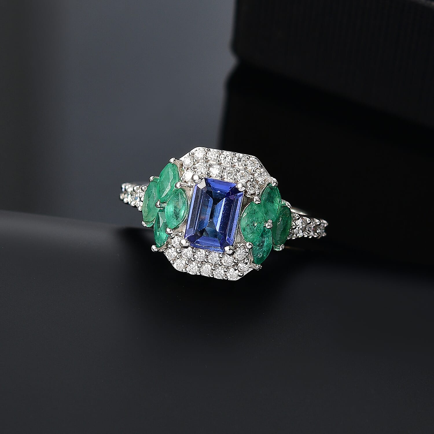 Tanzanite, Emerald &amp; Moissanite Solitaire Ring in Rhodium Overlay Sterling Silver 2.06 Ct. 8066785 2