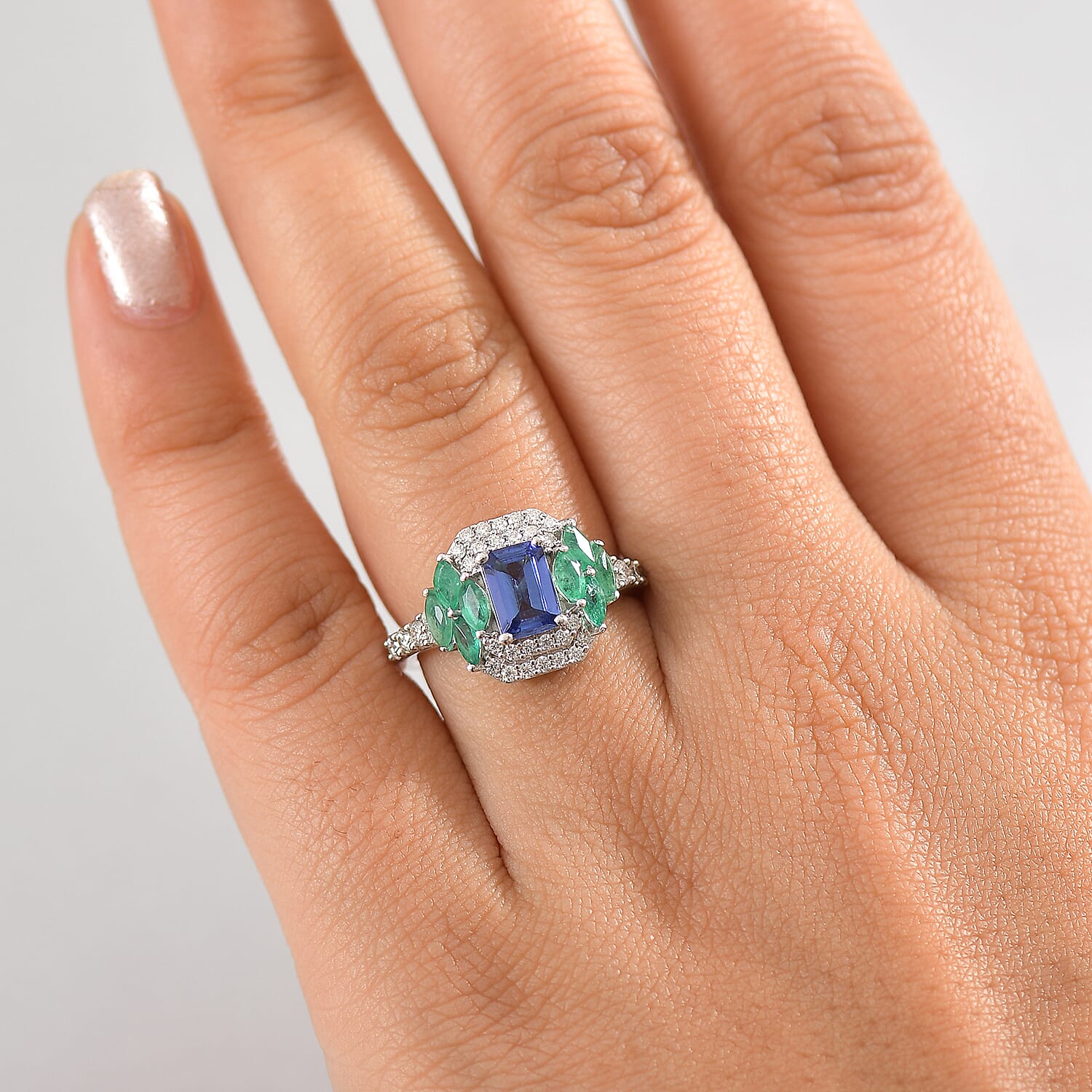 Tanzanite, Emerald &amp; Moissanite Solitaire Ring in Rhodium Overlay Sterling Silver 2.06 Ct. 8066785 3