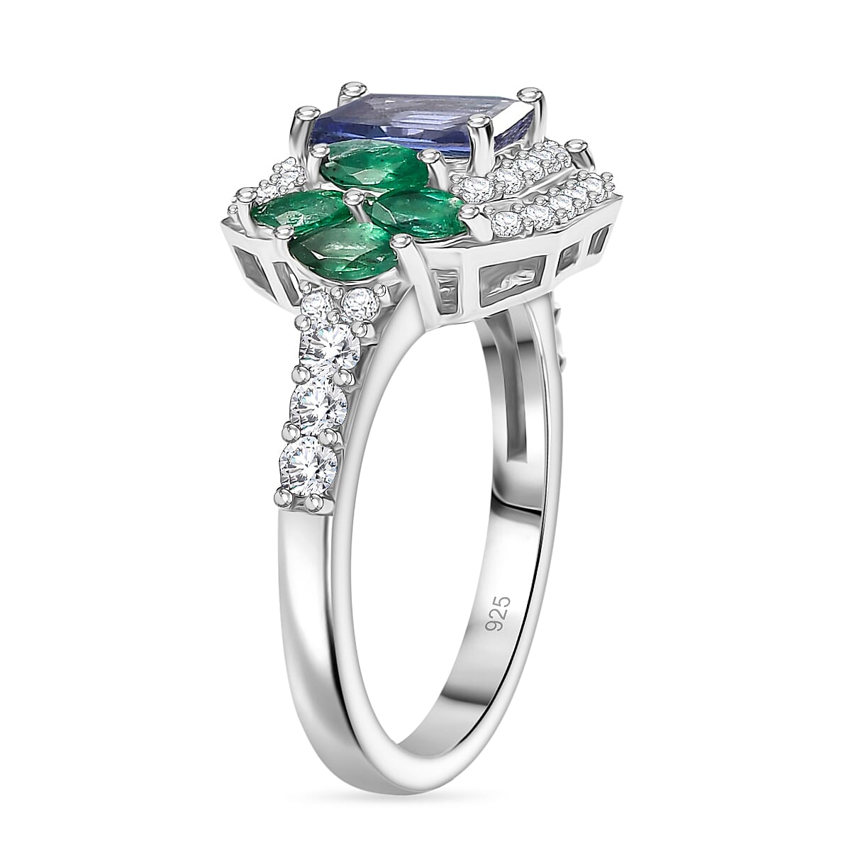 Tanzanite, Emerald &amp; Moissanite Solitaire Ring in Rhodium Overlay Sterling Silver 2.06 Ct. 8066785 4