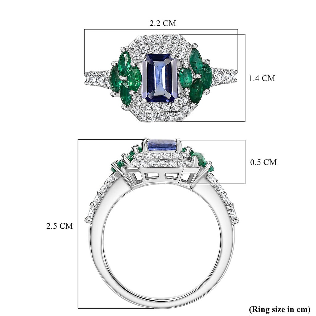 Tanzanite, Emerald & Moissanite Solitaire Ring in Rhodium Overlay Sterling Silver 2.06 Ct.