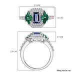 Tanzanite, Emerald & Moissanite Solitaire Ring in Rhodium Overlay Sterling Silver 2.06 Ct.