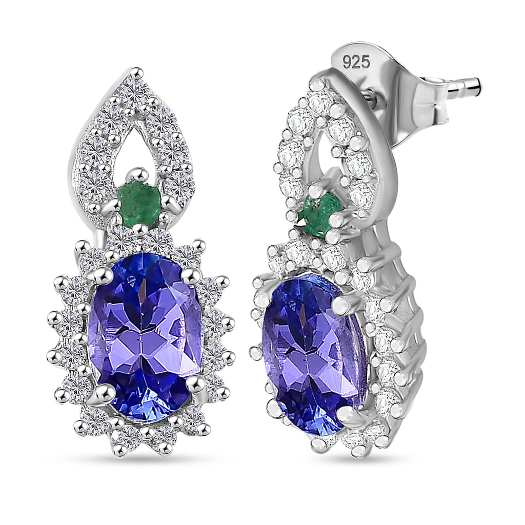 Tanzanite, Emerald & White Zircon Solitaire Stud Push Post Earring in Rhodium Overlay Sterling Silver 1.35 Ct.