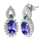 Tanzanite, Emerald & White Zircon Solitaire Stud Push Post Earring in Rhodium Overlay Sterling Silver 1.35 Ct.