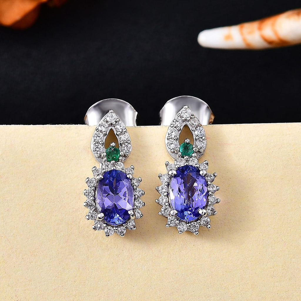 Tanzanite, Emerald & White Zircon Solitaire Stud Push Post Earring in Rhodium Overlay Sterling Silver 1.35 Ct.