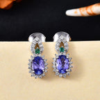 Tanzanite, Emerald & White Zircon Solitaire Stud Push Post Earring in Rhodium Overlay Sterling Silver 1.35 Ct.
