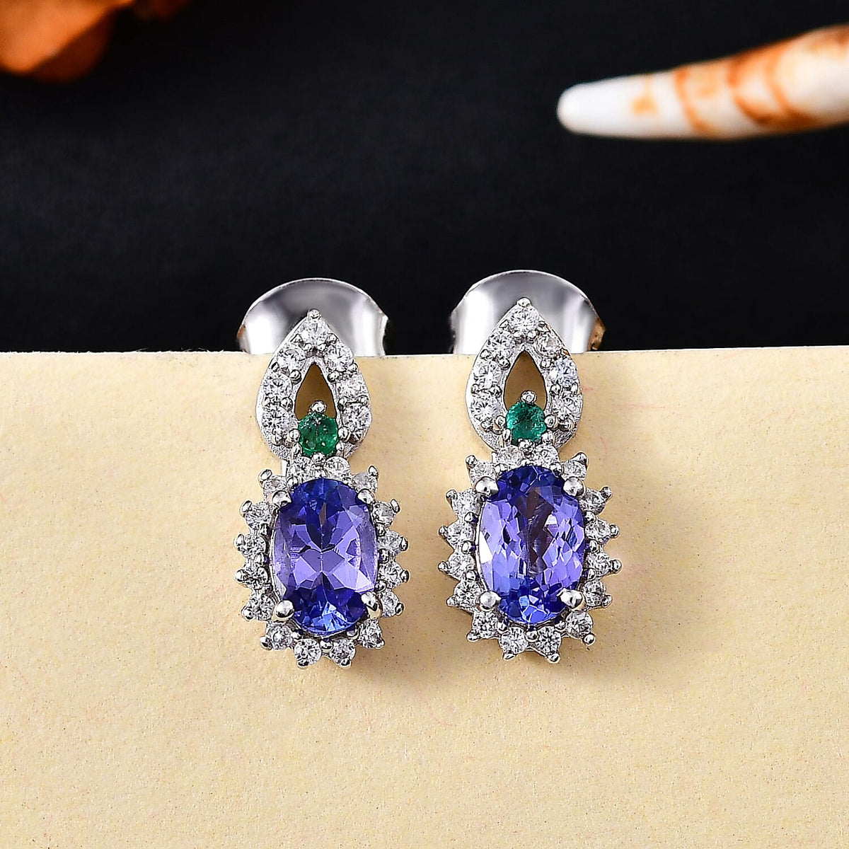 Tanzanite, Emerald &amp; White Zircon Solitaire Stud Push Post Earring in Rhodium Overlay Sterling Silver 1.35 Ct. 8055705 2