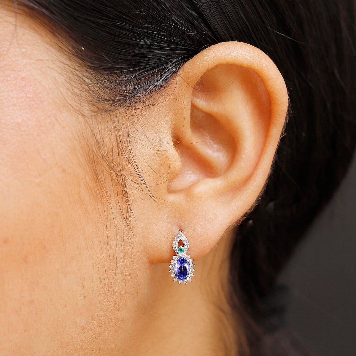 Tanzanite, Emerald &amp; White Zircon Solitaire Stud Push Post Earring in Rhodium Overlay Sterling Silver 1.35 Ct. 8055705 3