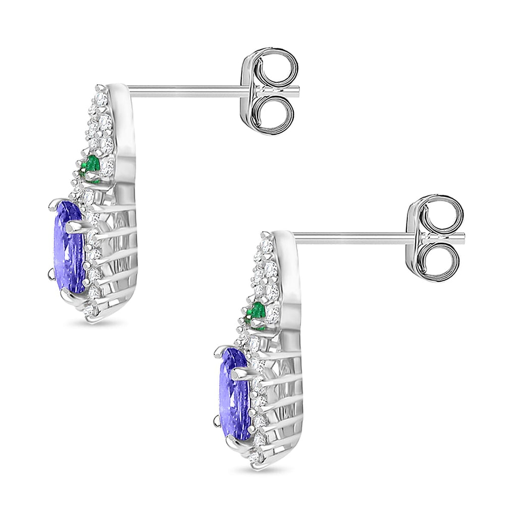 Tanzanite, Emerald & White Zircon Solitaire Stud Push Post Earring in Rhodium Overlay Sterling Silver 1.35 Ct.