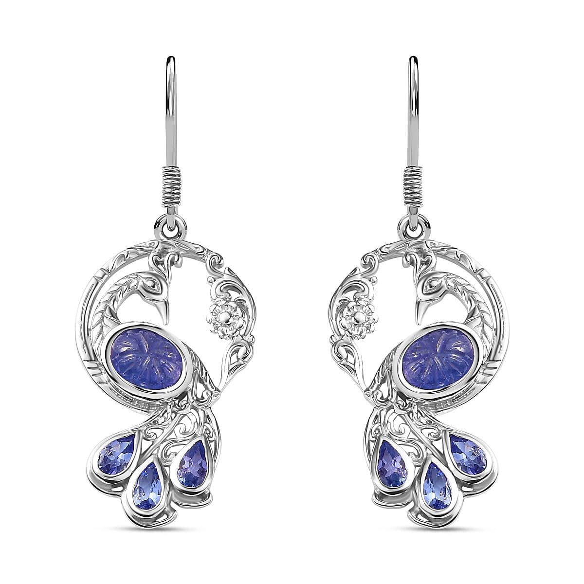 Tanzanite Peacock Earrings in Rhodium Plated Sterling Silver,  Silver Wt. 8.65 Gms  5.138  Ct. 7808234 0