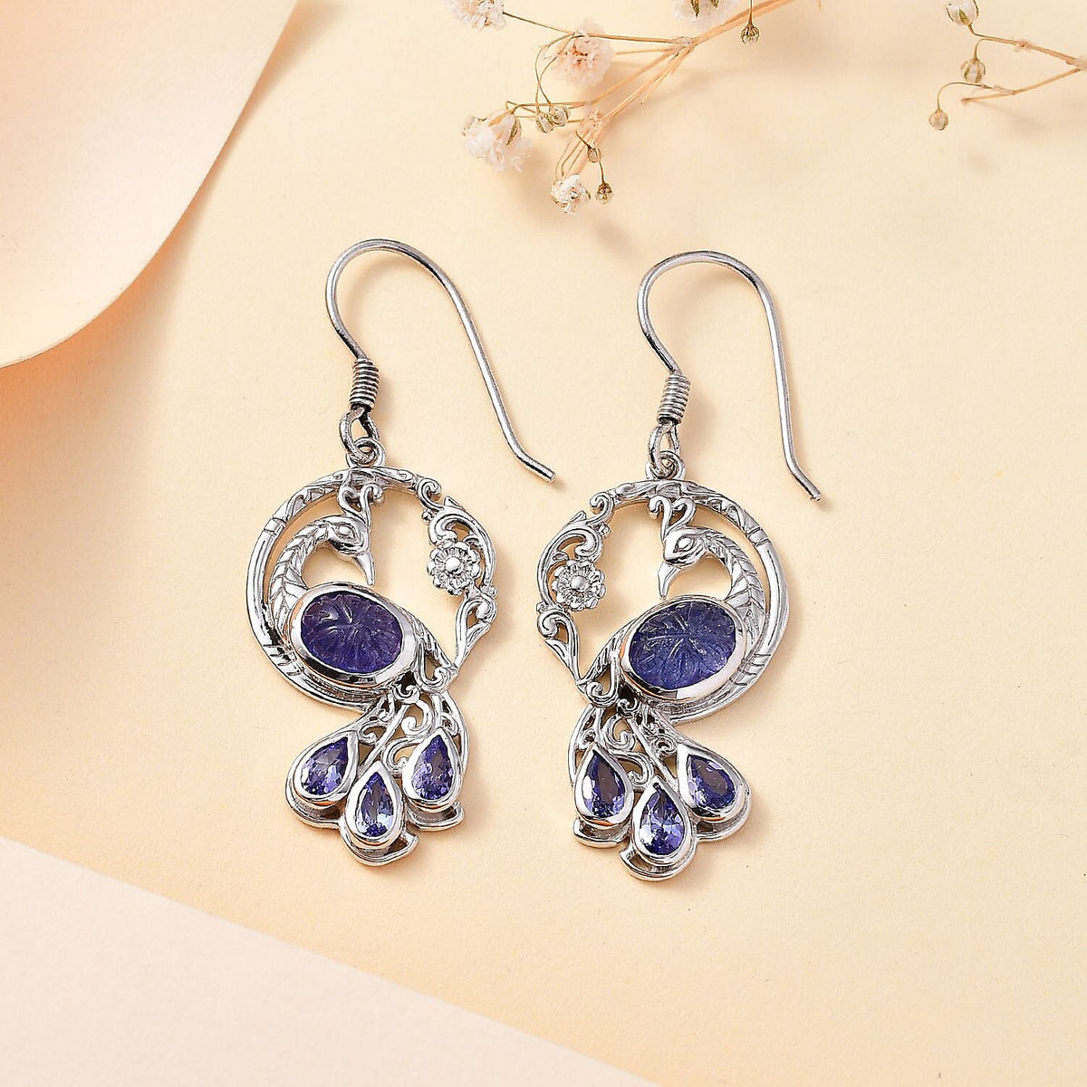 Tanzanite Peacock Earrings in Rhodium Plated Sterling Silver,  Silver Wt. 8.65 Gms  5.138  Ct. 7808234 2