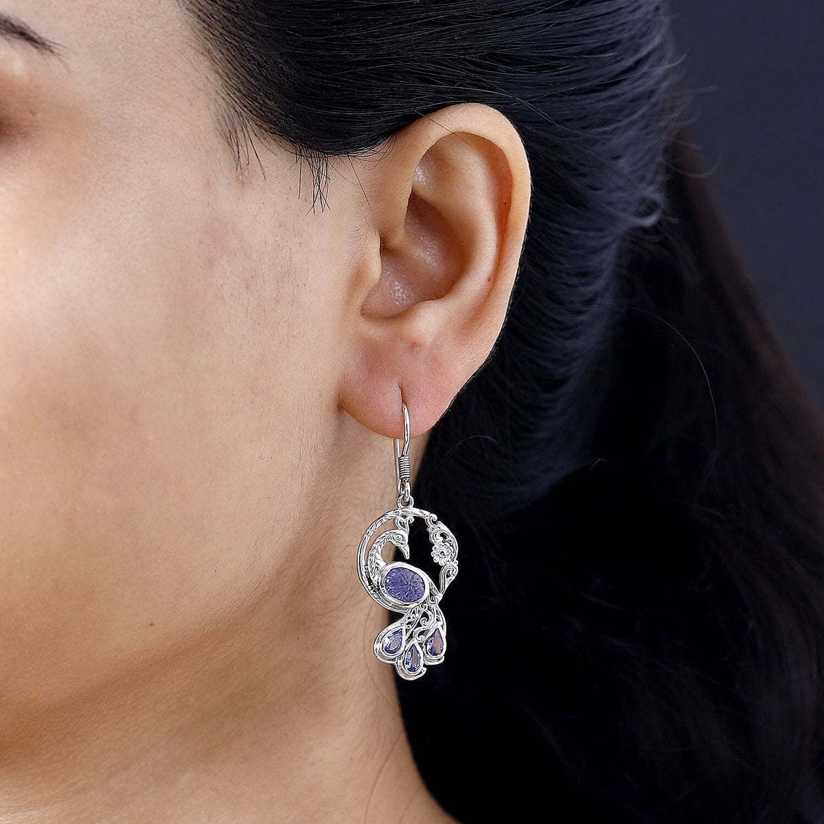 Tanzanite Peacock Earrings in Rhodium Plated Sterling Silver,  Silver Wt. 8.65 Gms  5.138  Ct. 7808234 3
