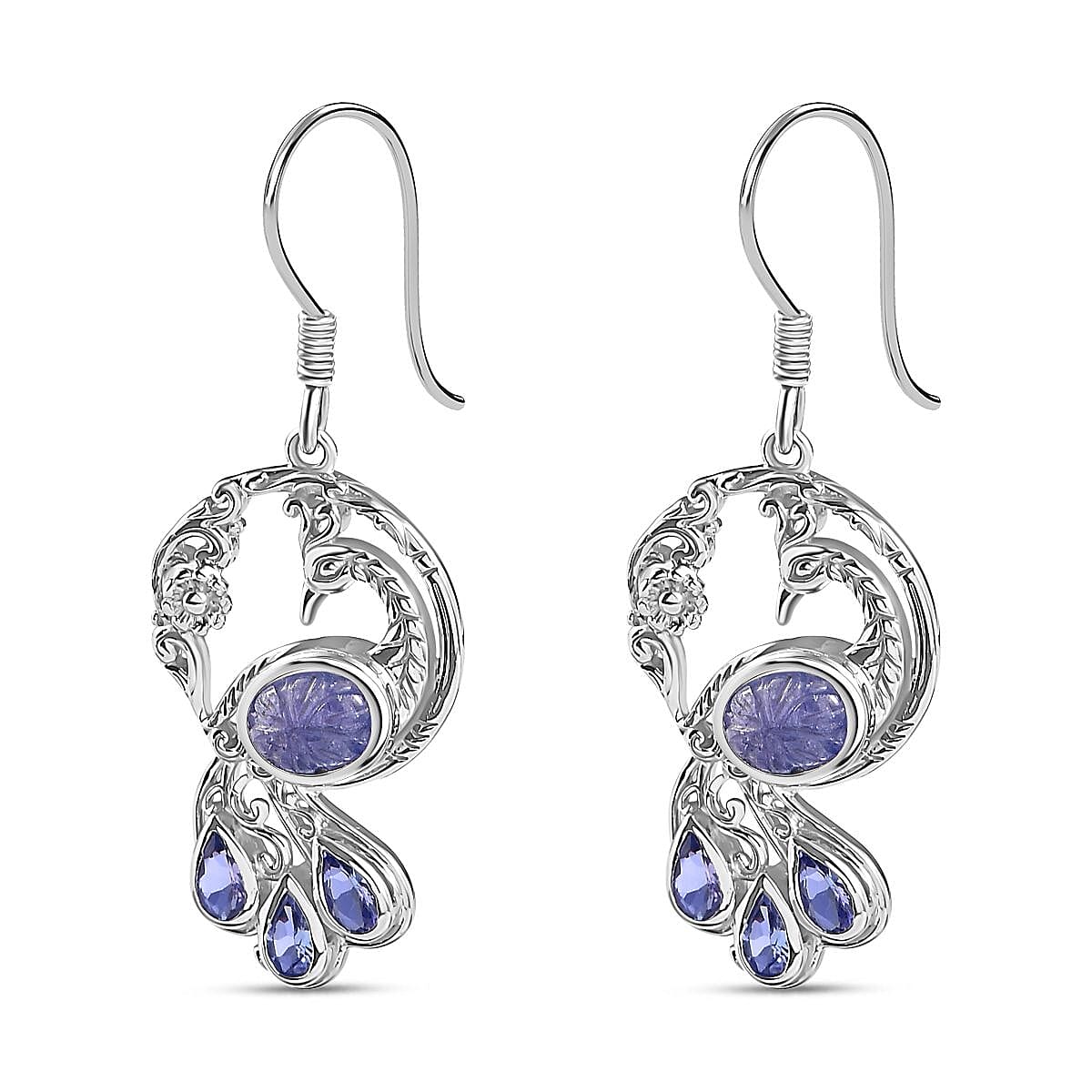 Tanzanite Peacock Earrings in Rhodium Plated Sterling Silver,  Silver Wt. 8.65 Gms  5.138  Ct. 7808234 4