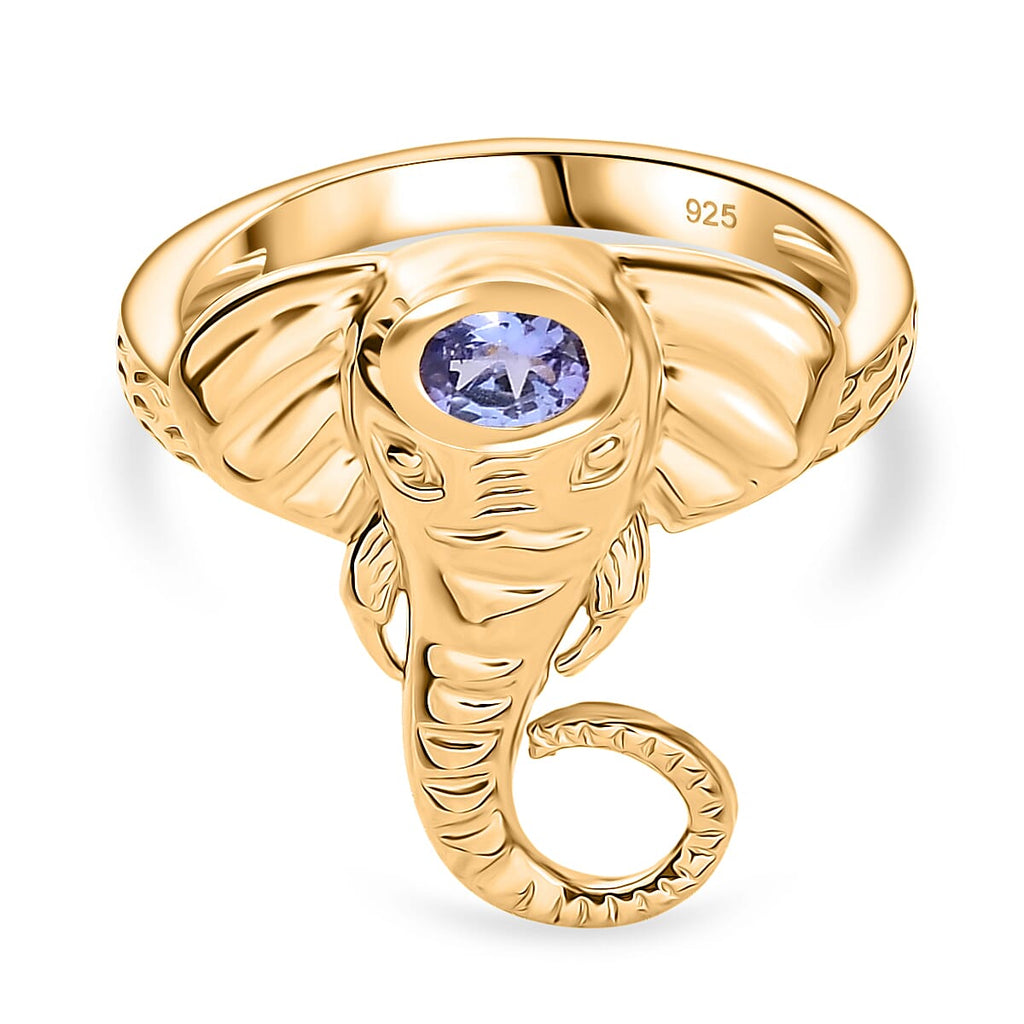Tanzanite Elephant Head Ring in Yellow Gold Plated Sterling Silver