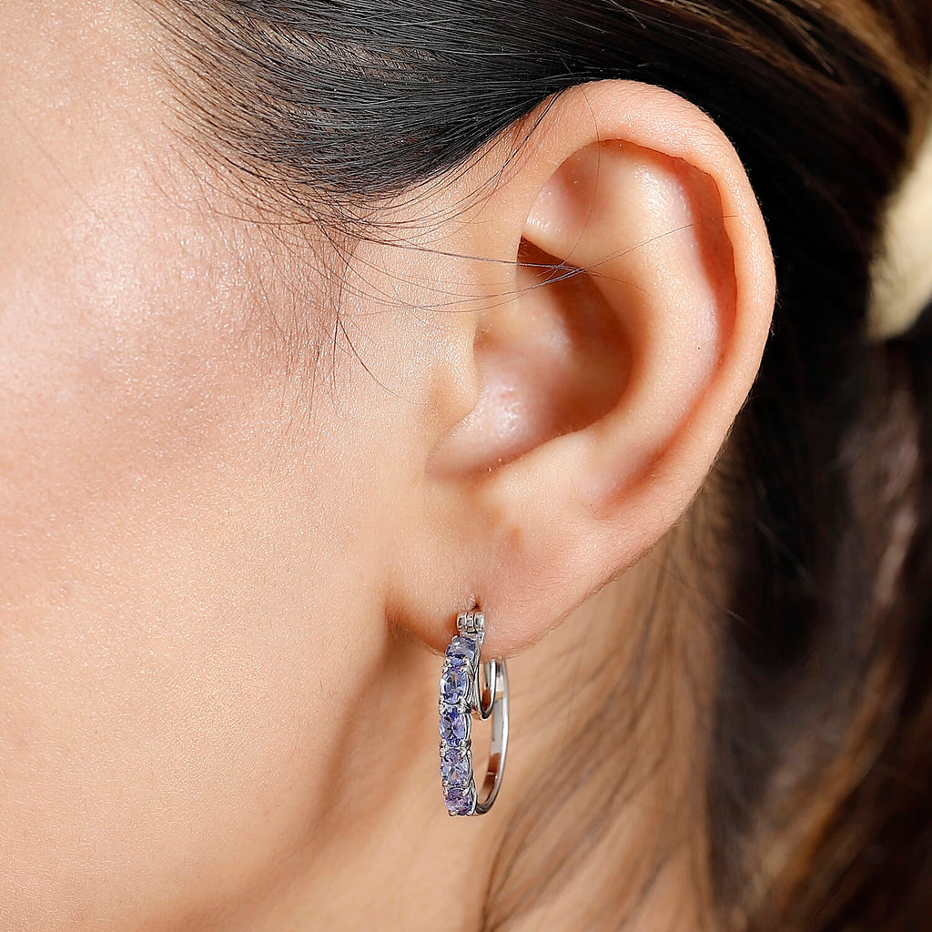 Tanzanite Full Hoop Earring With Clasp in Rhodium Overlay Sterling Silver 1.80 Ct.