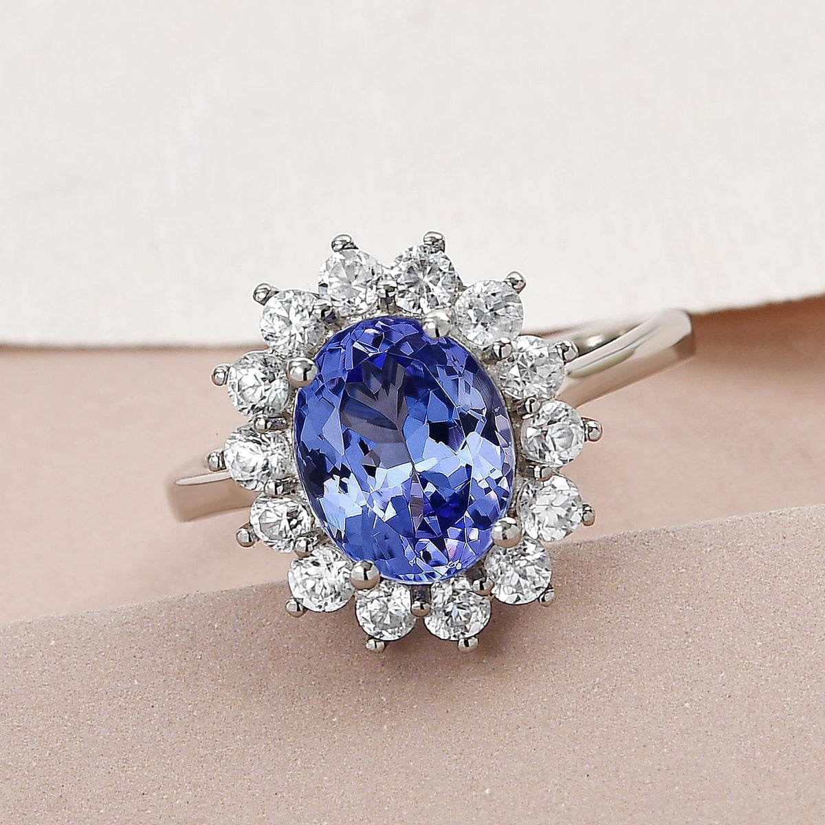 Tanzanite Halo Ring with Natural Cambodian Zircon Ring in Platinum Plated Sterling Silver 4.04 Ct. 8948720 2