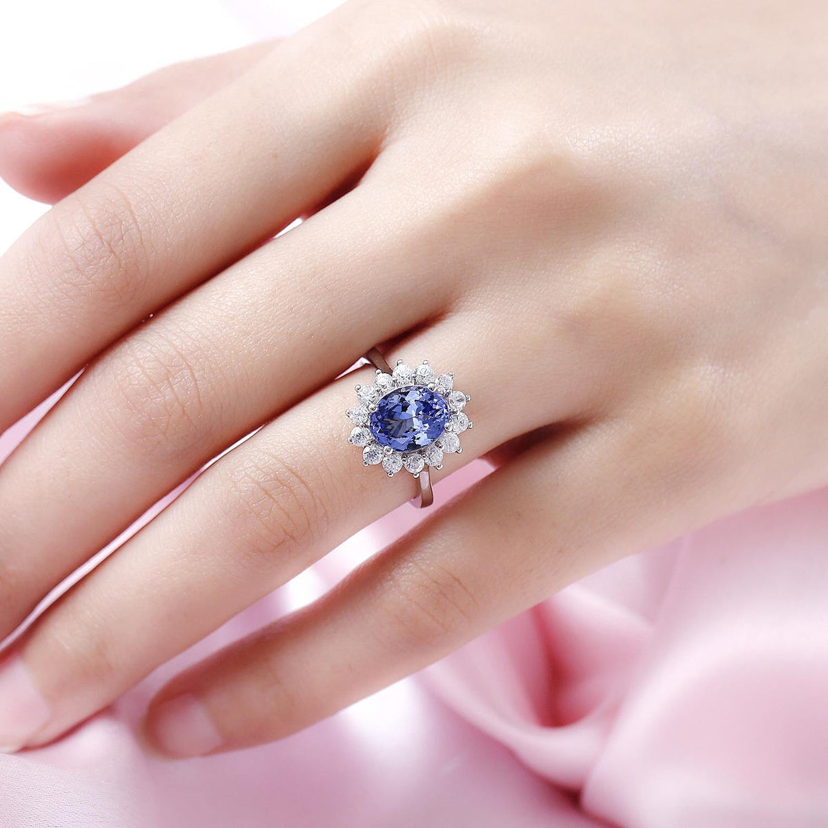 Tanzanite Halo Ring with Natural Cambodian Zircon Ring in Platinum Plated Sterling Silver 4.04 Ct. 8948720 3