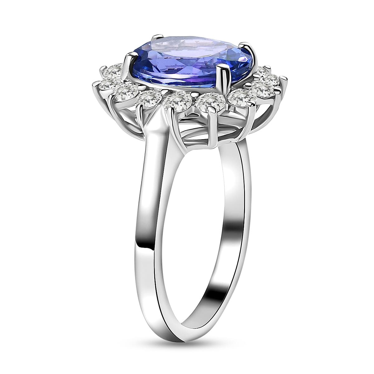 Tanzanite Halo Ring with Natural Cambodian Zircon Ring in Platinum Plated Sterling Silver 4.04 Ct. 8948720 4