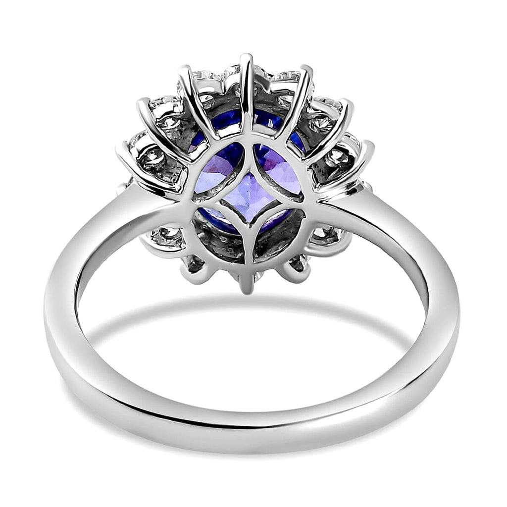 Premium Tanzanite & Natural Zircon Halo Ring in Platinum Overlay Sterling Silver 4.04 Ct.