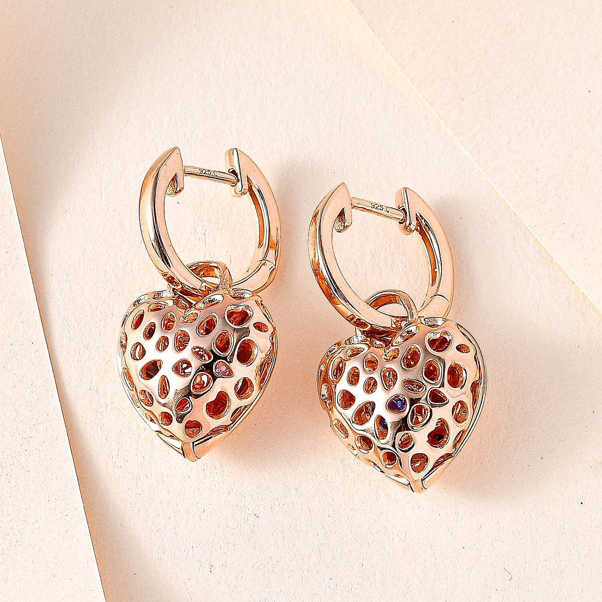 Tanzanite Heart Hoop Earrings in Vermeil Rose Gold Sterling Silver 0.37 Ct, Silver Wt. 8.1 Gms 3888879 4