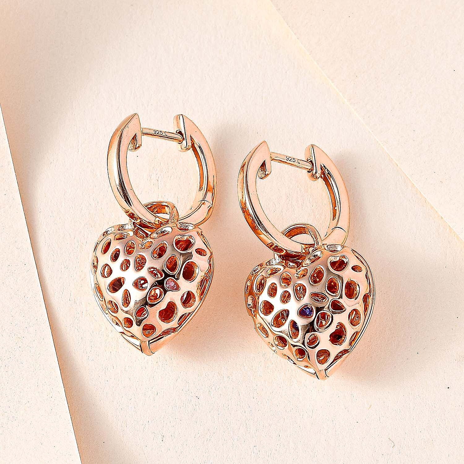Tanzanite Heart Hoop Earrings in Vermeil Rose Gold Sterling Silver 0.37 Ct, Silver Wt. 8.1 Gms 3888879 4