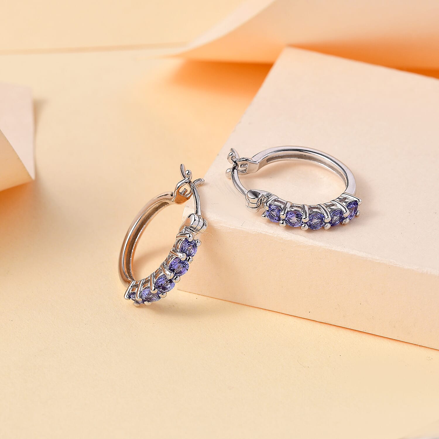 Tanzanite Hoop Earrings in Rhodium Overlay Sterling Silver 1.20 ct. 7928980 1