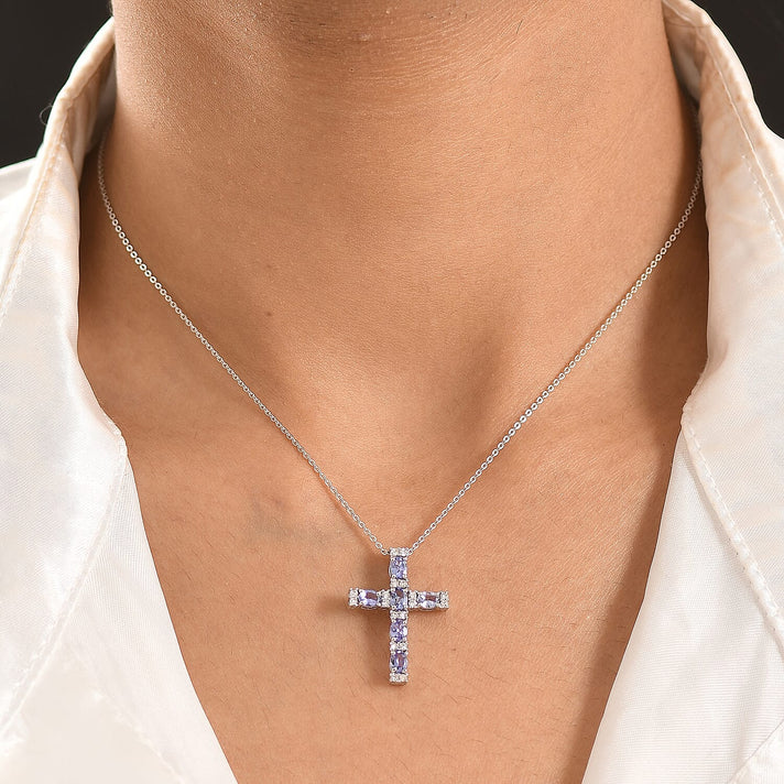 Luxuriant - Tanzanite &amp; Lab Grown Diamond (SI-G-H) Cross Pendant with Chain (Size 20) in Rhodium Overlay Sterling Silver 1.25 Ct. 4476895 2