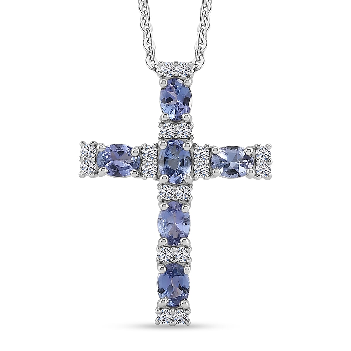 Luxuriant - Tanzanite &amp; Lab Grown Diamond (SI-G-H) Cross Pendant with Chain (Size 20) in Rhodium Overlay Sterling Silver 1.25 Ct. V32338831 0