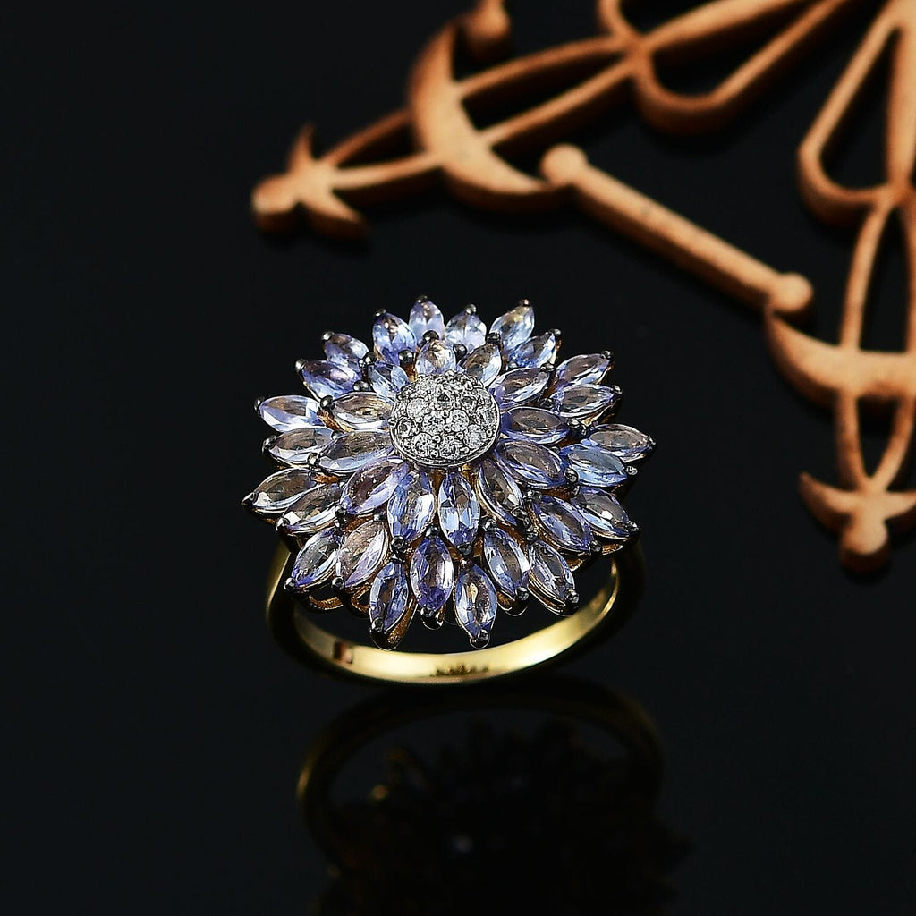 Tanzanite & Moissanite Cluster Ring in 18K Vermeil Yellow Gold Plated Sterling Silver 3.12 Ct.