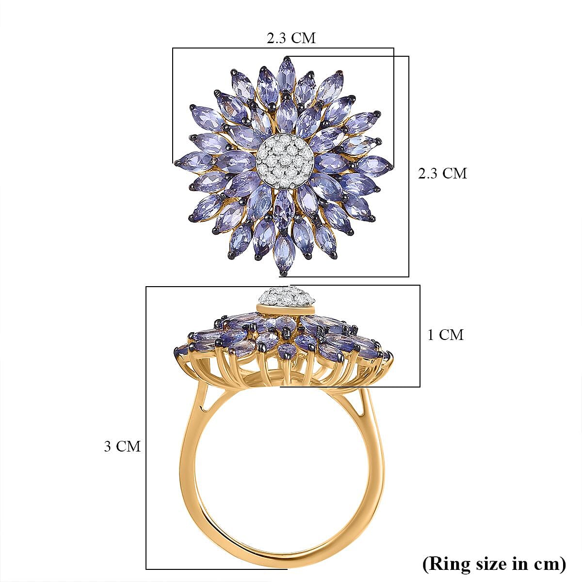 Tanzanite, Moissanite Cluster Ring in 18K YG VermeilSterling Silver, Silver Wt.5 Gms  3.122  Ct. 8072108 6