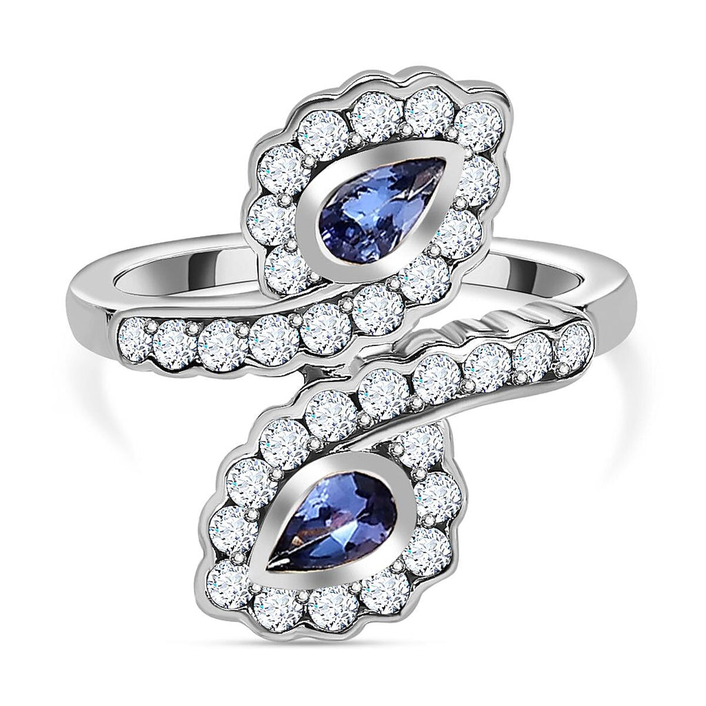 Tanzanite , Moissanite Fancy Ring in Platinum Overlay Sterling Silver 1.20 ct  0.866  Ct.
