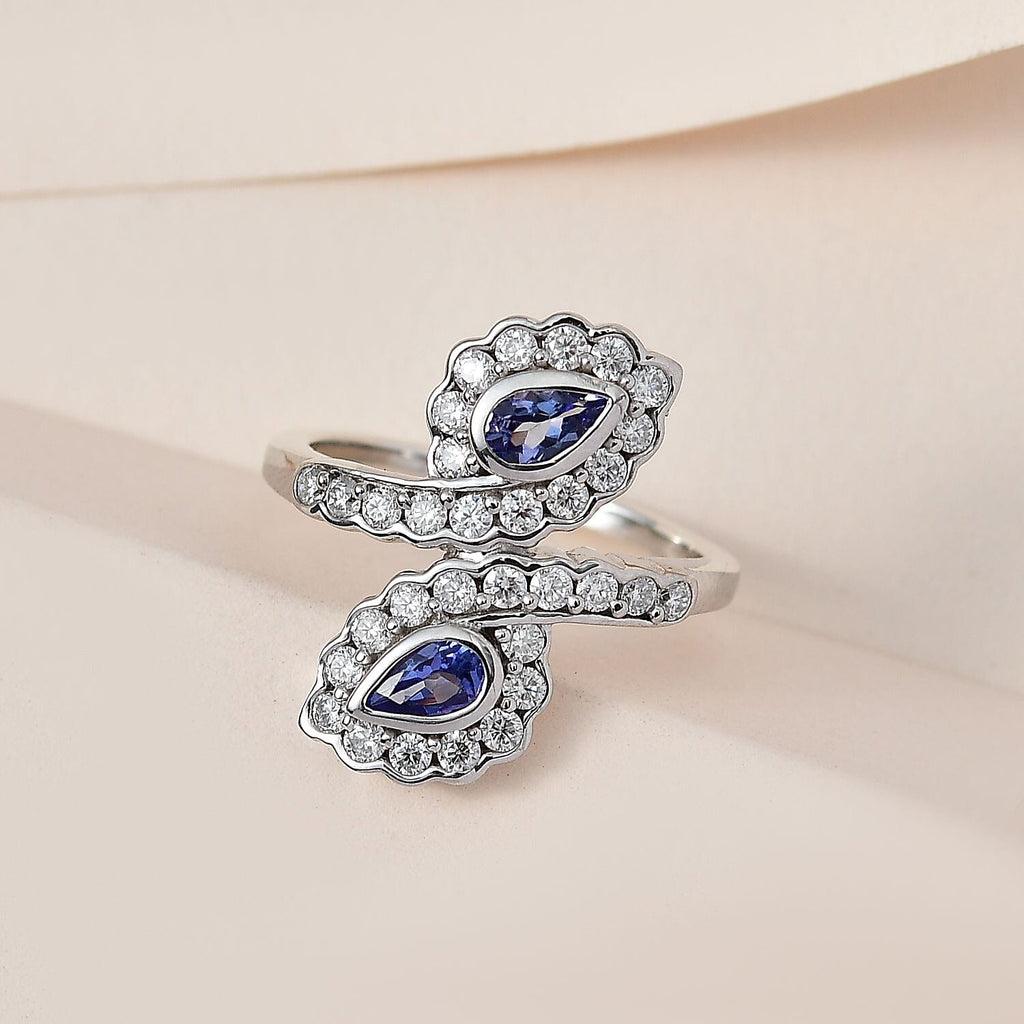 Tanzanite , Moissanite Fancy Ring in Platinum Overlay Sterling Silver 1.20 ct  0.866  Ct.