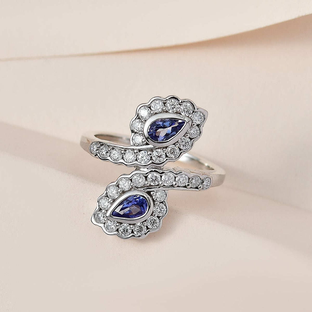 Tanzanite And Moissanite Bypass Ring in Platinum Overlay Sterling Silver 1.20 ct 0.866 Ct. 7617659 1
