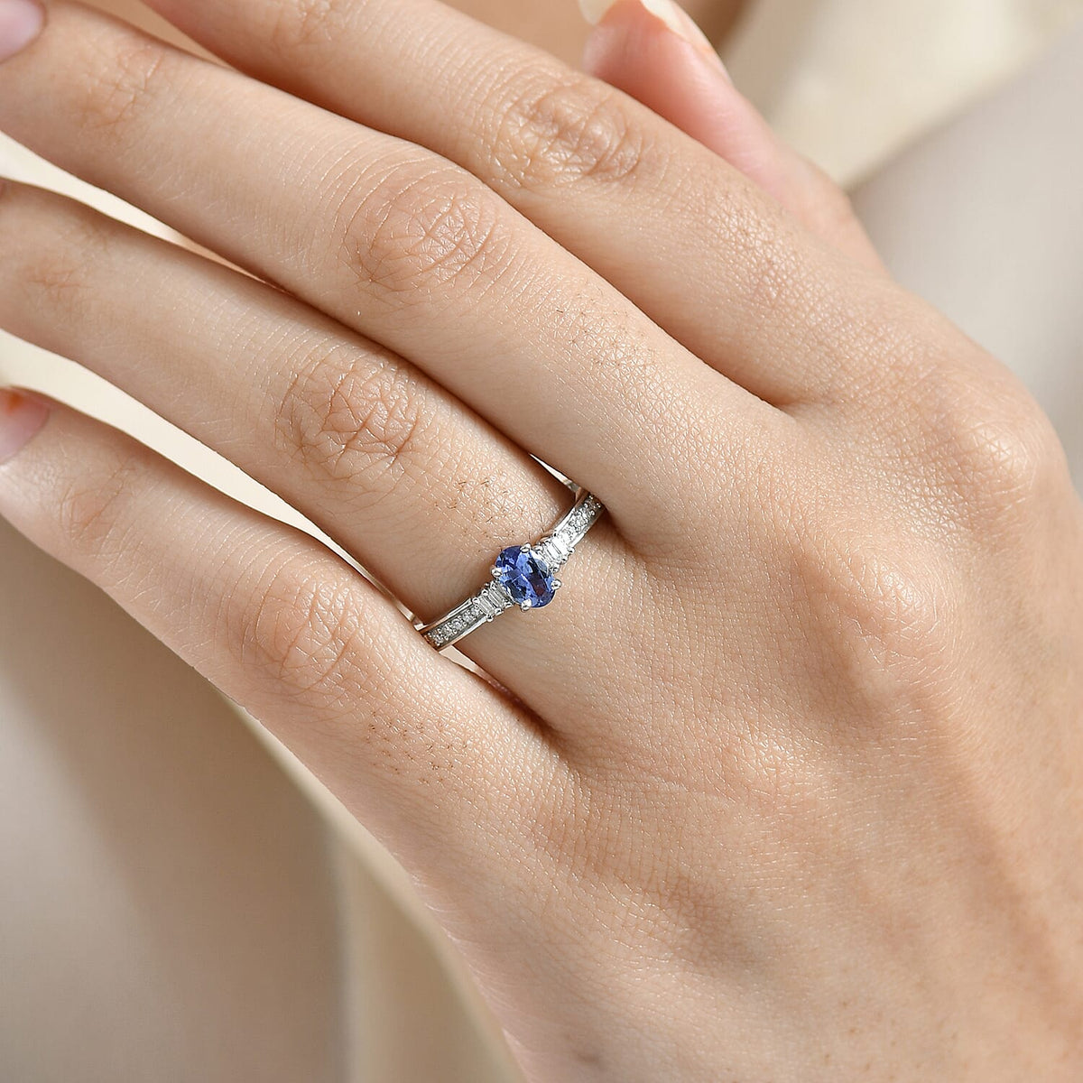 D'Joy Tanzanite, Moissanite Ring in Platinum Overlay Sterling Silver V32528108 3