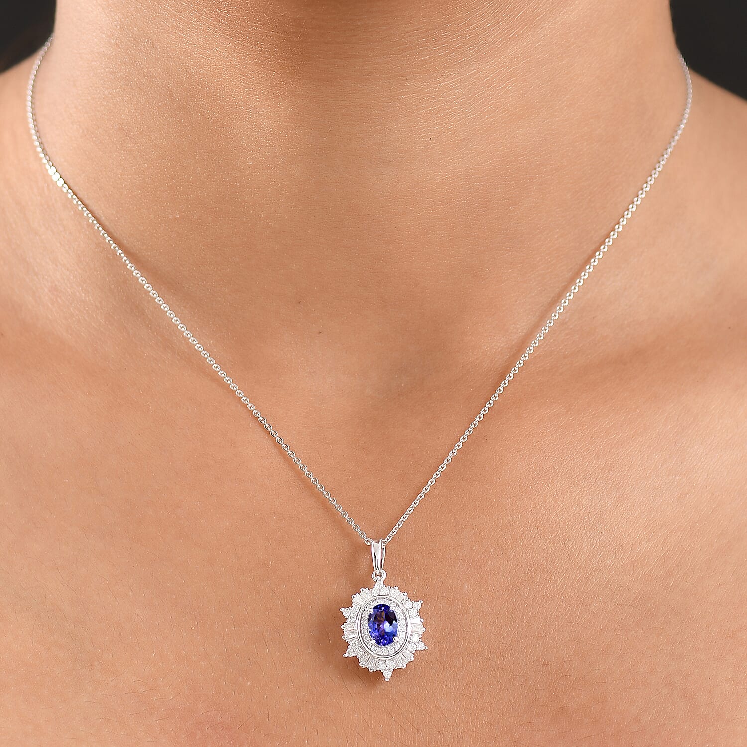 D'Joy Tanzanite, Moissanite Halo Pendant with Chain (Size 20) in Rhodium Overlay Sterling Silver 1.37 Ct. 4417915 2