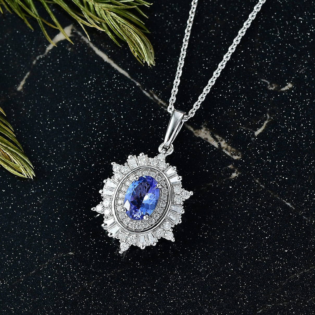D'Joy Tanzanite, Moissanite Halo Pendant with Chain (Size 20) in Rhodium Overlay Sterling Silver 1.37 Ct. 4417915 3