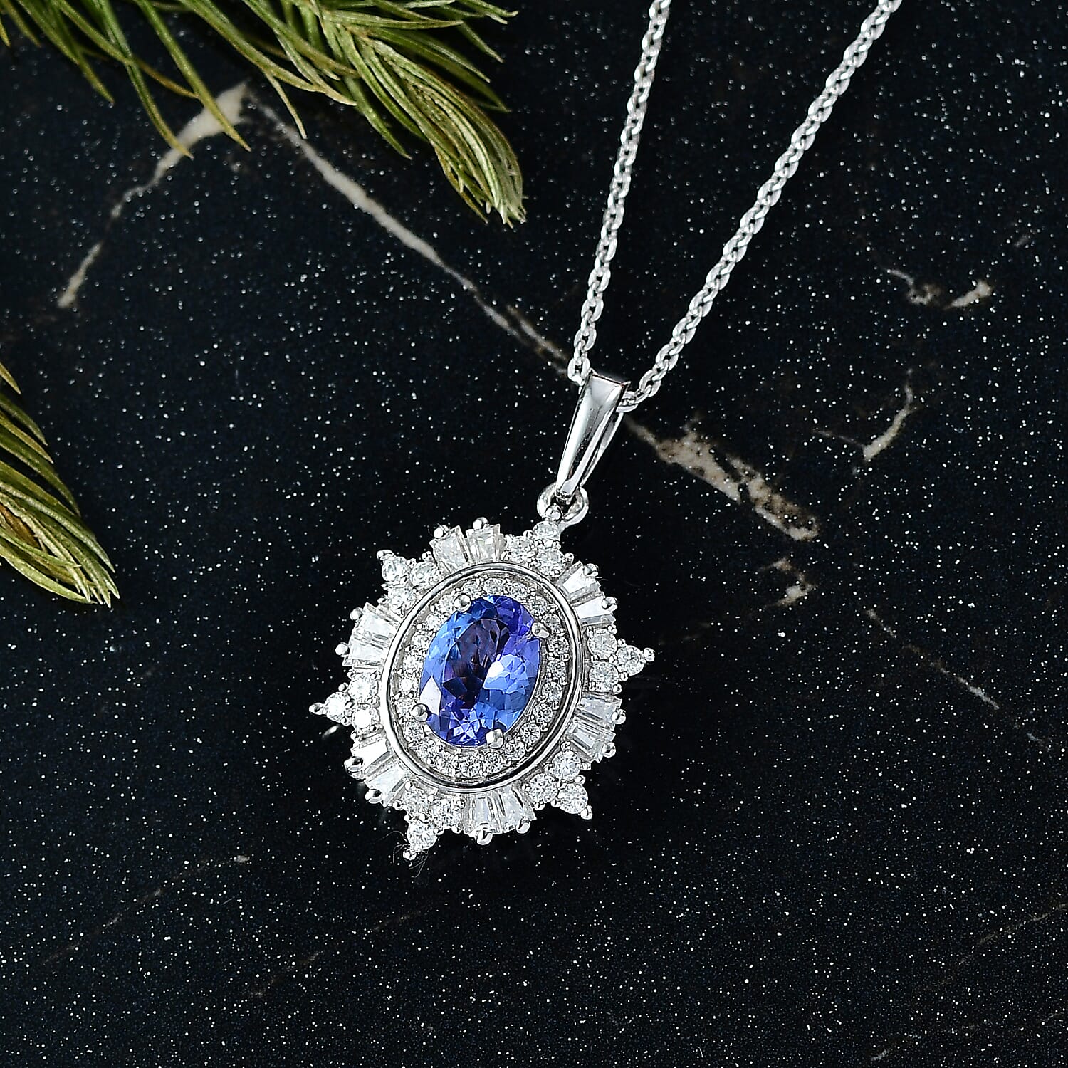 D'Joy Tanzanite, Moissanite Halo Pendant with Chain (Size 20) in Rhodium Overlay Sterling Silver 1.37 Ct. 4417915 3