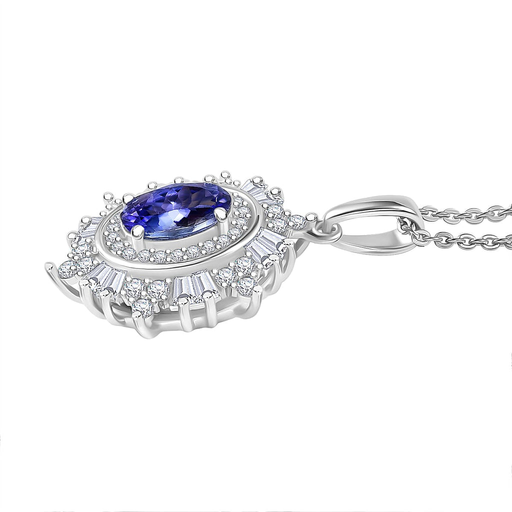 D'Joy Tanzanite & Moissanite Pendant with Chain (Size 20) in Rhodium Overlay Sterling Silver 1.37 Ct.